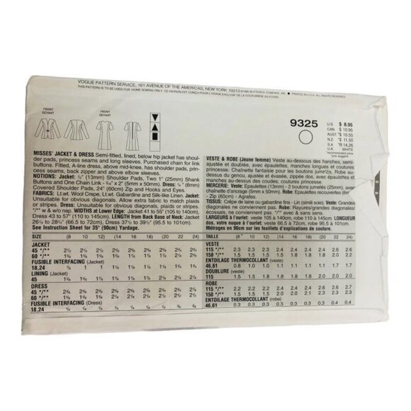 Vintage 1990s Vogue Sewing Pattern 9325 Misses Jacket Dress Sz 14-18 Uncut - Picture 2 of 2